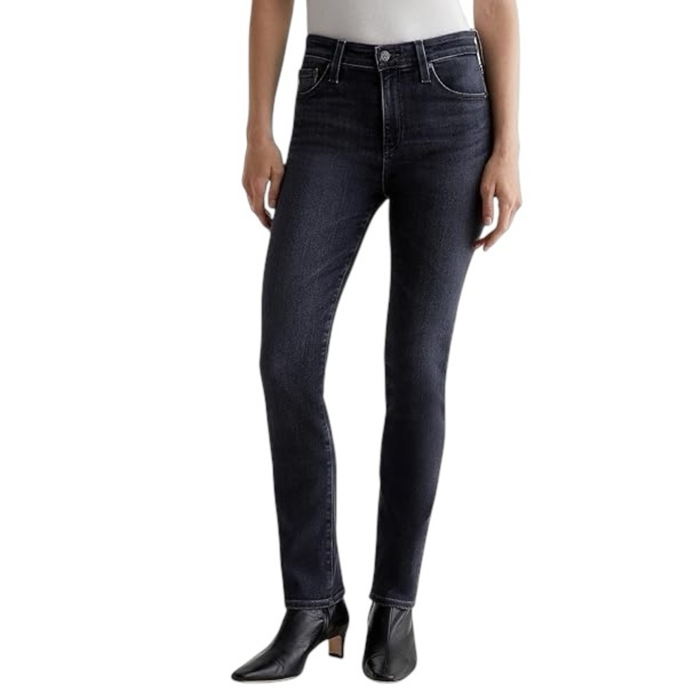 AG Mari High Rise Slim Straight Jeans Denim Black Wash 25 Crop Ankle Raw Hem